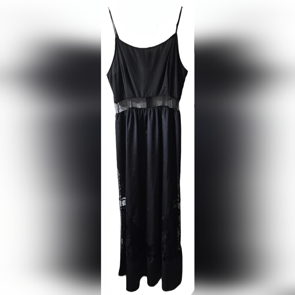 Gianni Bini GB Women's Black Satin Lace Spaghetti Strap Maxi Dress Lace Cutout L